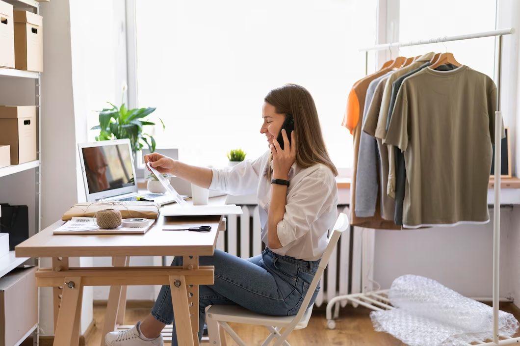 Emprendedora de ropa atiende un pedido por teléfono junto a un perchero con camisetas