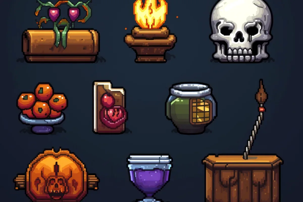 Íconos de objetos de un videojuego, entre ellos una calavera y pociones