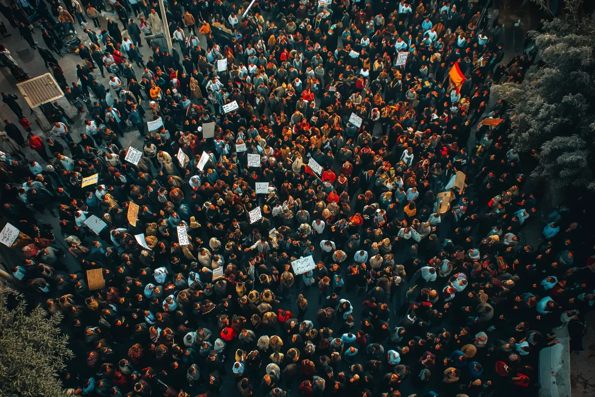 Colombia Plaza de Bolivar Bogota protest demonstration crowd aerial view