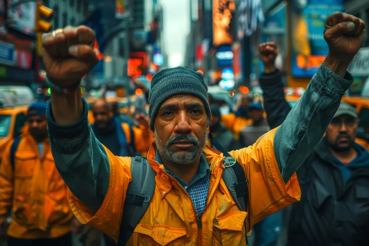Trabajador con chaqueta naranja que levanta los puños en una marcha