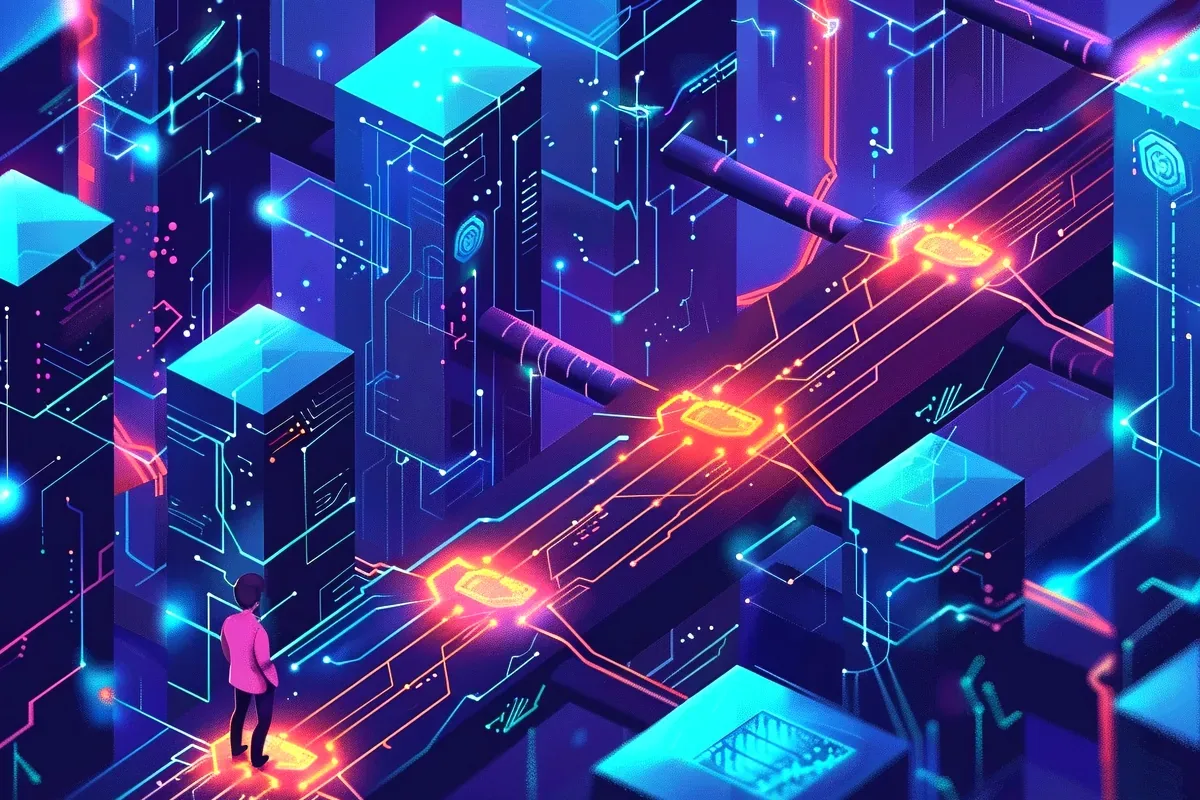 Ilustración de servidores y circuitos de datos conectados