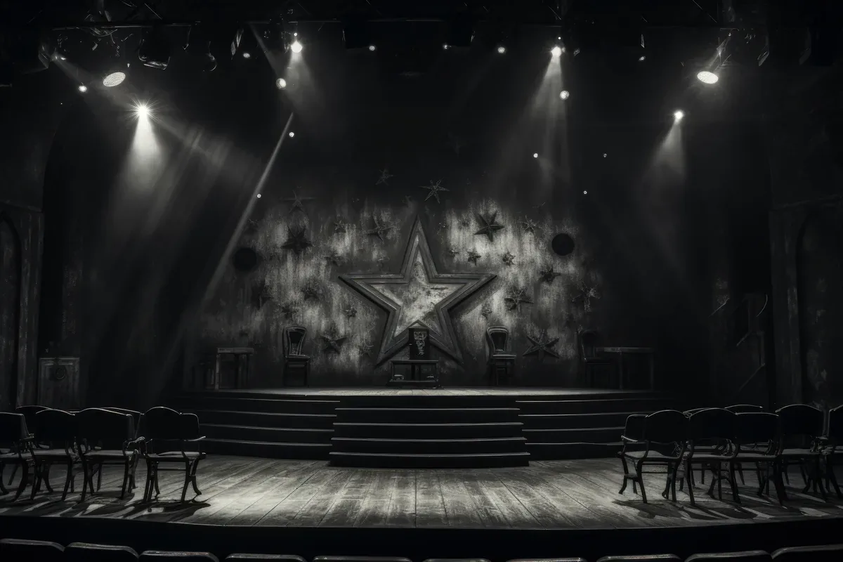 Escenario de teatro vacío iluminado por reflectores, en blanco y negro