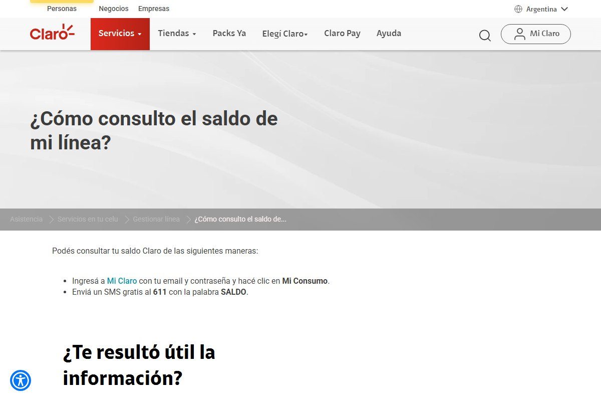 Captura del centro de asistencia de Claro Argentina con las formas de consultar el saldo