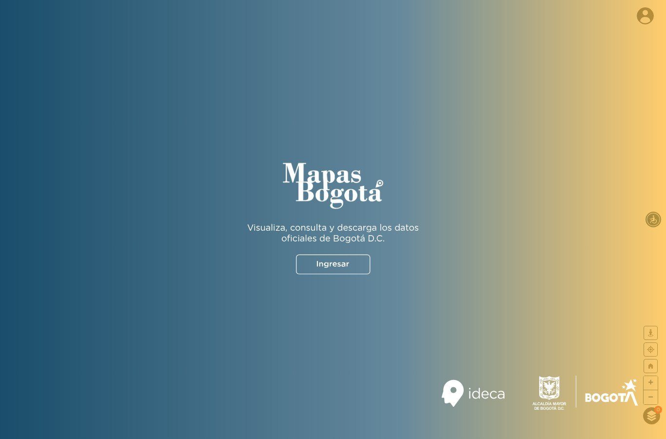 Pantalla de inicio de Mapas Bogotá con el botón Ingresar y los logos de IDECA y de la Alcaldía Mayor de Bogotá