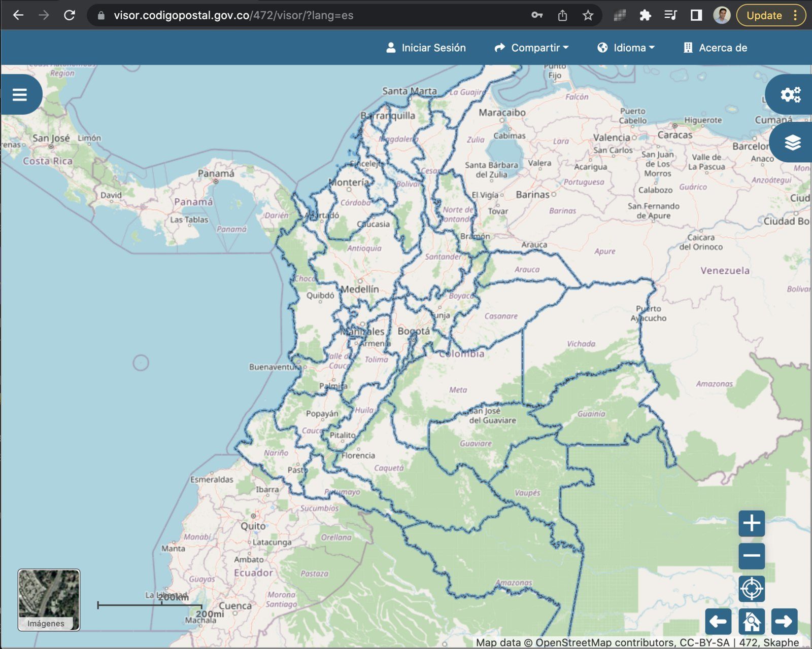 Visor de códigos postales de Colombia abierto en el navegador, con el mapa del país y los límites departamentales