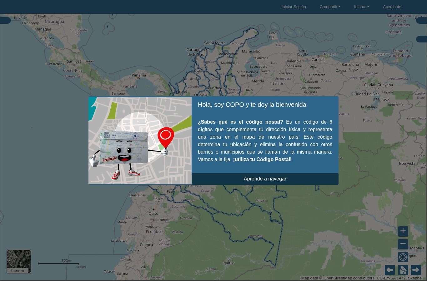 Visor oficial de códigos postales de Colombia con un mensaje de bienvenida que explica que el código postal tiene 6 dígitos, sobre un mapa de la región