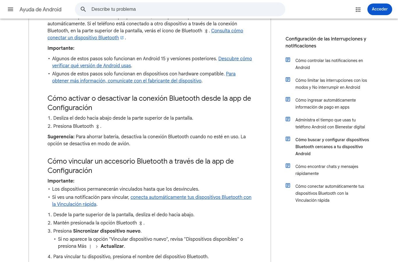 Página de Ayuda de Android con los pasos para vincular un accesorio Bluetooth desde la app de Configuración: mantener presionada la opción Bluetooth y presionar Sincronizar dispositivo nuevo.