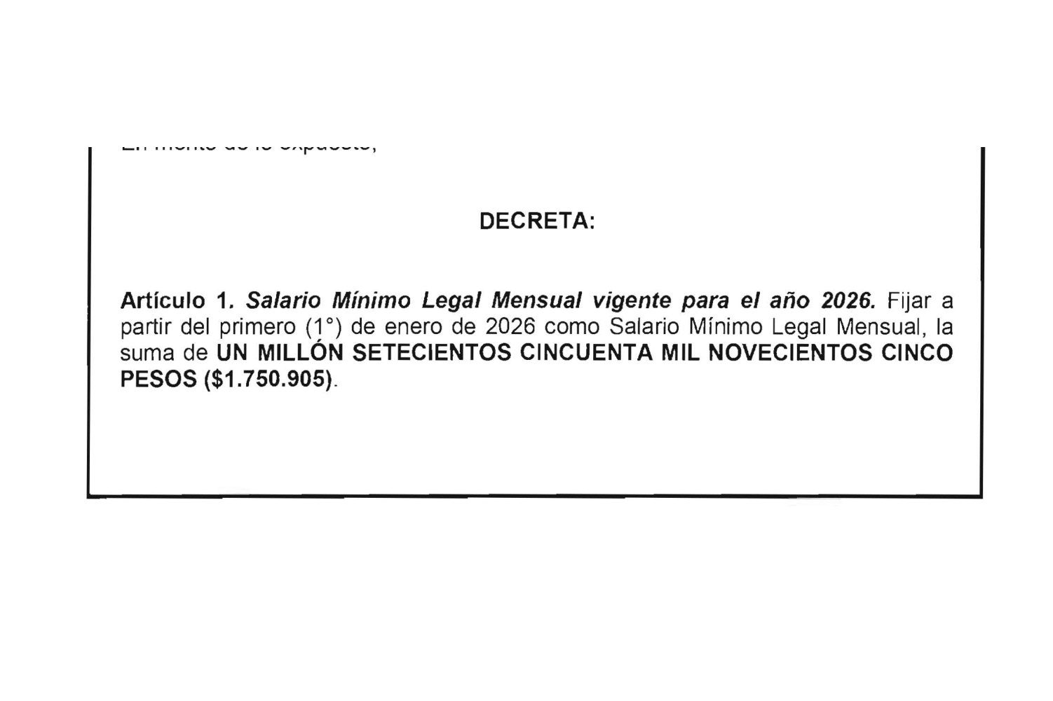 Artículo 1 del Decreto 1469 de 2025 que fija el salario mínimo de 2026 en 1.750.905 pesos