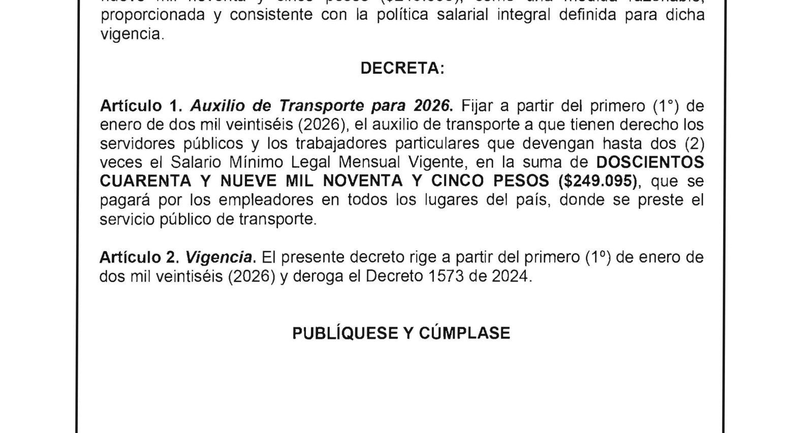 Artículo 1 del Decreto 1470 de 2025 que fija el auxilio de transporte de 2026 en 249.095 pesos