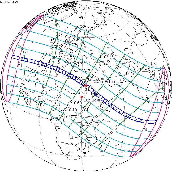 Mapa del globo terrestre con la franja del eclipse solar total del 2 de agosto de 2027 cruzando el norte de África y el Mediterráneo