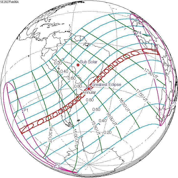 Mapa del globo terrestre con la franja del eclipse solar anular del 6 de febrero de 2027 sobre el sur de Sudamérica y el Atlántico