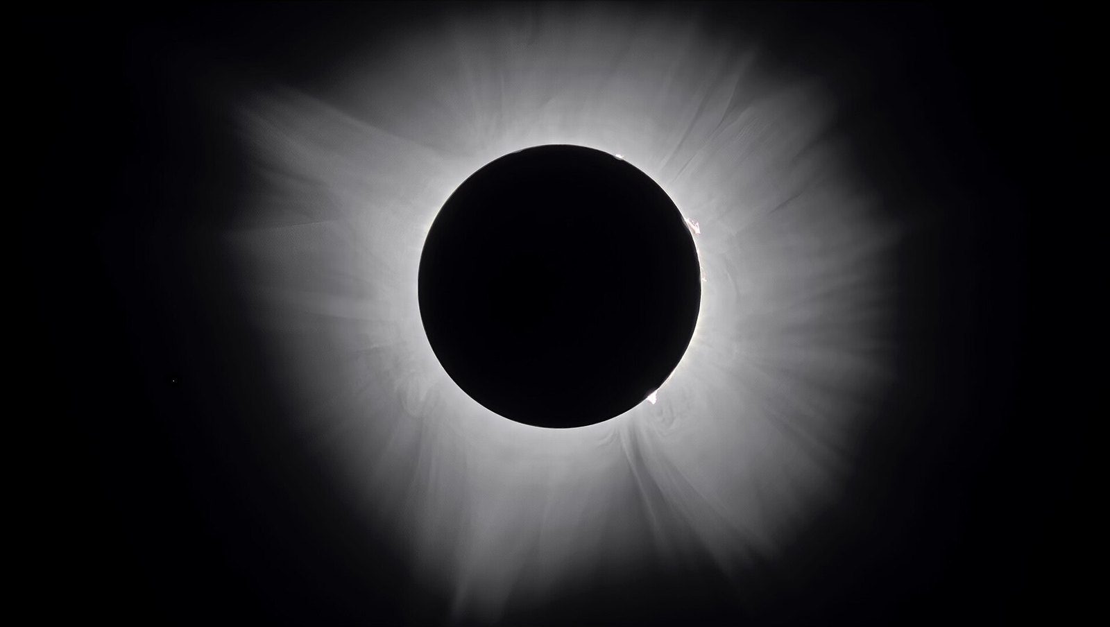 Corona solar blanca alrededor del disco negro de la Luna durante un eclipse solar total, sobre fondo oscuro