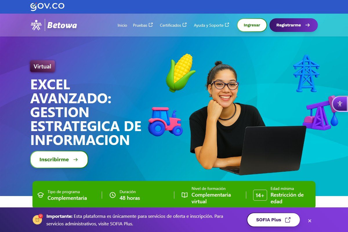 Captura de la ficha del curso virtual Excel avanzado del SENA en la plataforma Betowa